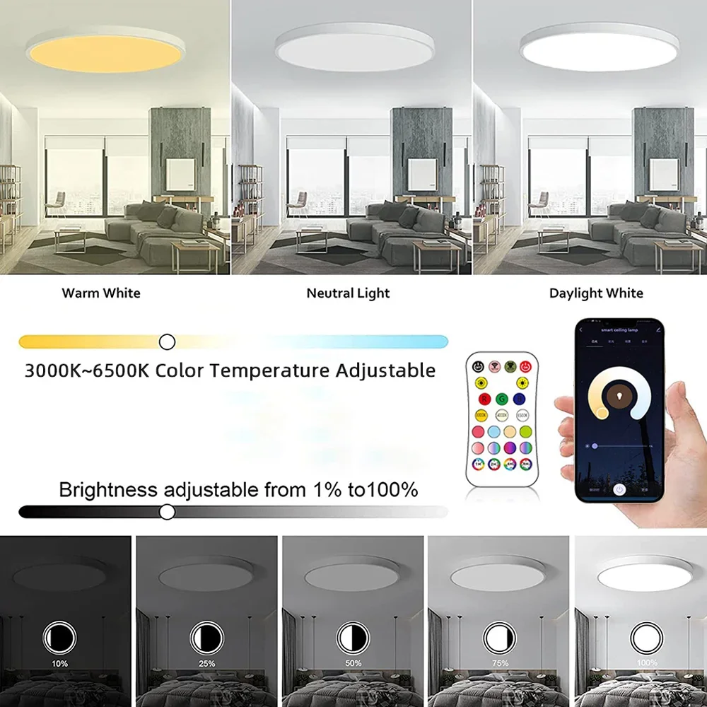 Imagem -04 - Round Smart Led Luzes de Teto Lâmpadas Ambiente Regulável Tuya App Compatível com Alexa Google Home Quarto Sala de Estar Wi-fi Rgbcw