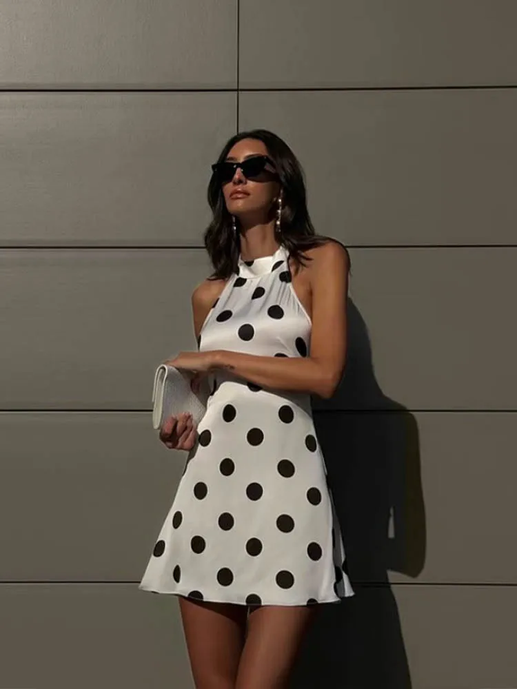 Huhugirl Mini robes à pois imprimées sans manches, style licou, élégantes, coupe ajustée, dos nu, conçues pour femme, été, douces