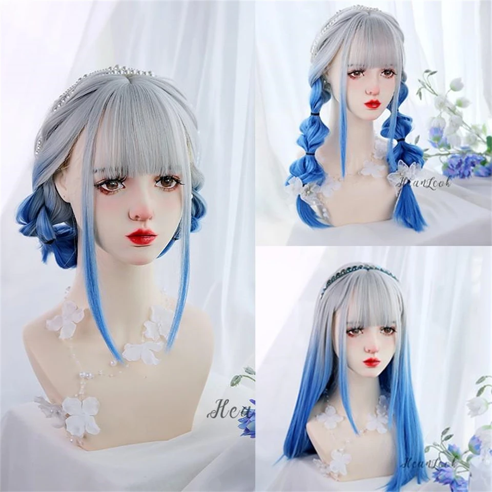 ブルーとホワイトのハイライトロングストレート合成ウィッグ前髪付きコスプレヘアウィッグ女性用デイリーナチュラル耐熱性