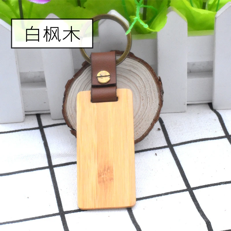 100Pcs Rectangle Wood Key Blanks, DIY Craft Blank Wooden Keychains with Leather Straps