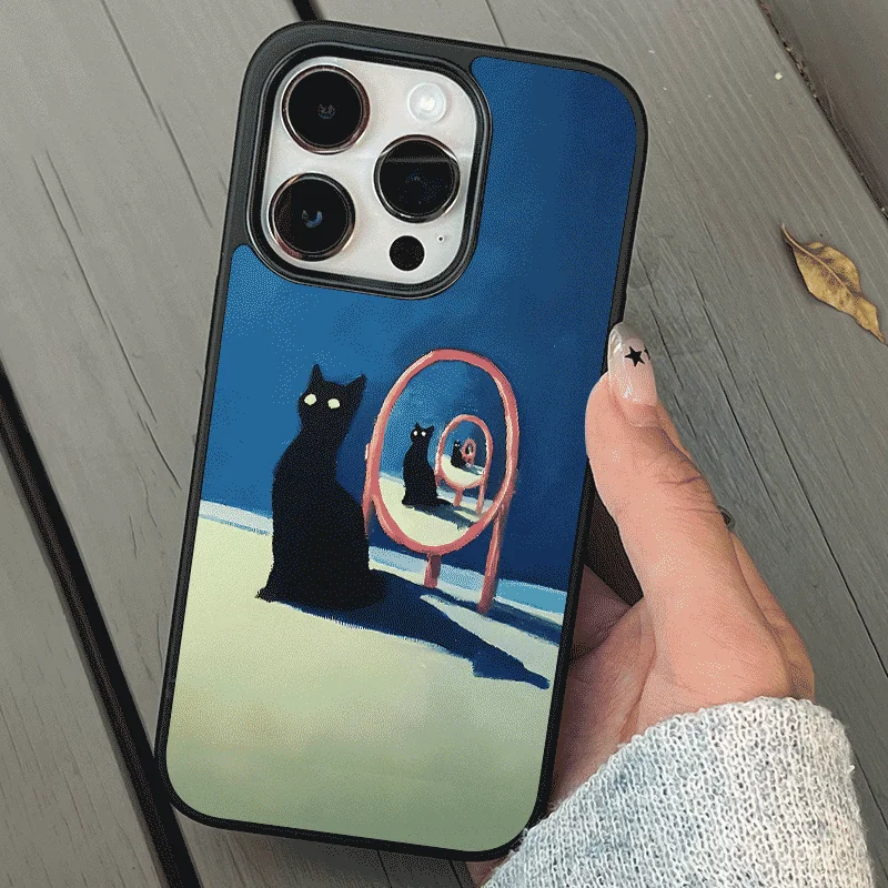 Ins Korean The Black Cat in The Mirror Cute Phone Case for IPhone 15 14 13 Pro Max 12 13 Mini XR XS MAX 11 Pro Back Cover