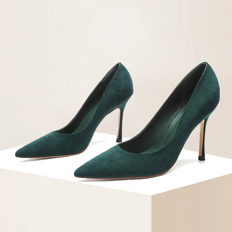 

Dark Green Single Shoes Spring Autumn New Socialite Lady Sexy 10cm Stiletto High Heels Pointed Toe Slip-on Daily Wear Pumps