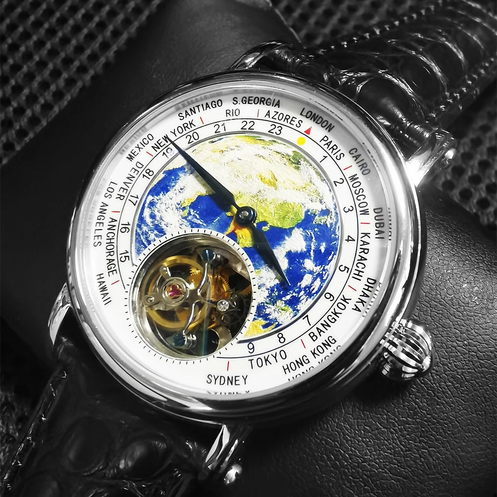 Men\'s Globe Earth Tourbillon Mechanical Watches ST8000 Movement 3D Enamel Dial Sapphire 1963 Men Watch Alligator Leather