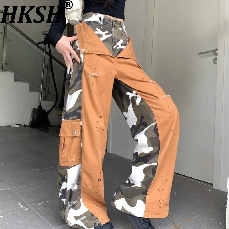 HKSH Spring Autumn New Women Casual Pants Camouflage Patchwork Distressed Denim Fake Two-Piece Multi-pocket Safari Style HK13447