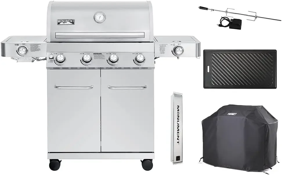 

Monument Grills Larger 4-Burner Propane Gas Grills Stainless Steel Cabinet Style with Accessory Kit (5 Items)