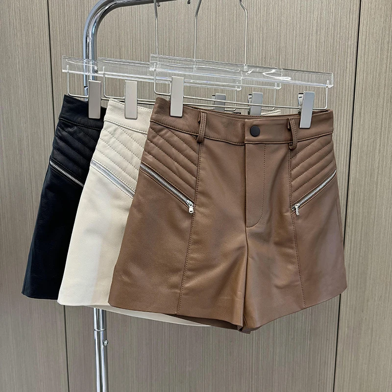 Leather Shorts Women Autumn Sheepskin High Waist A-Line Wide Leg Zipper Short Pantolon Mujer Coffee Slim Versatile Leather Pants