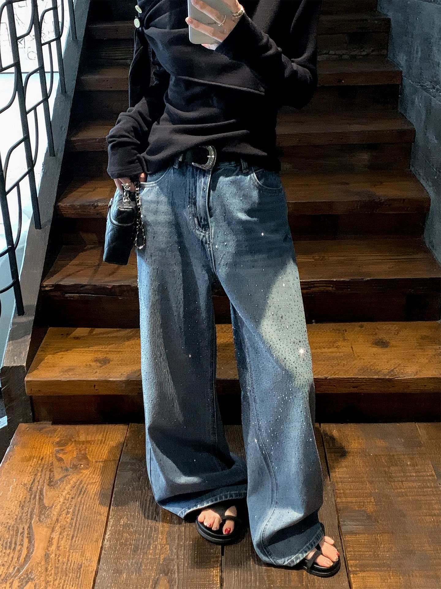 

Vintage Casual Straight Leg Jeans Women's Spring New Sle Lightweight Luxury Comfortable Binge Fruit Tianxing Rhinestone Denim