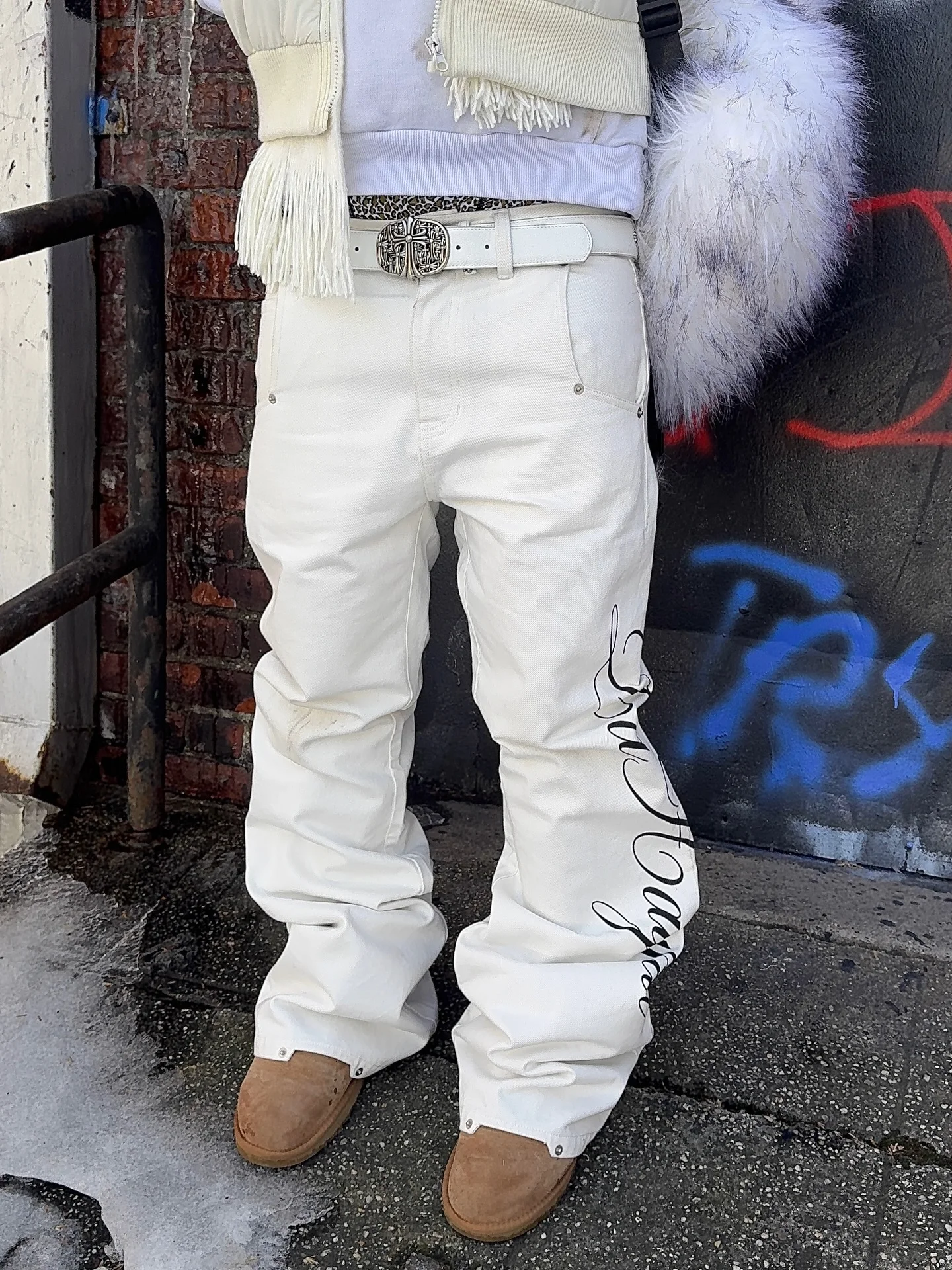 Gothic Retro Fashion Letter Printing White High Waist Boots Denim Trousers Y2K New Harajuku Hip-Hop Casual Couple Street Wear