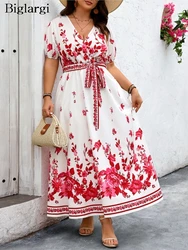 Plus Size Summer New V-Neck Long Dress Women Flower Floral Modis Lantern Sleeve Ladies Dresses Loose Ruffle Pleated Woman Dress