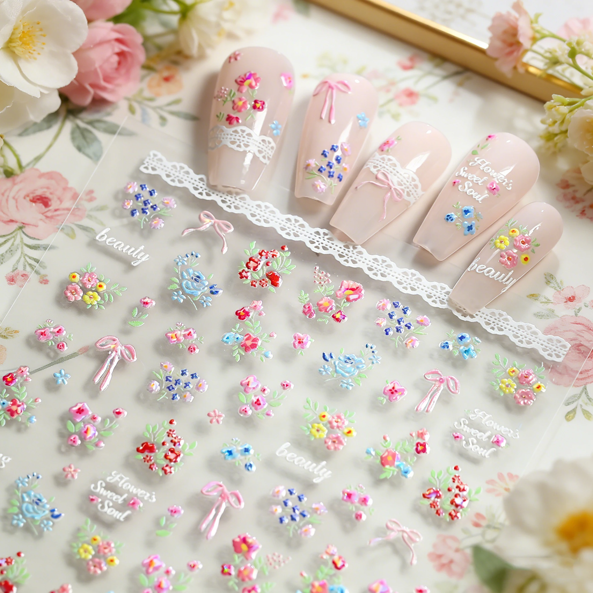 

1Sheet Laser 5D Embossed Colorful Floral Bow Nail Stickers Spring Bowknot Lace Bouquet Nail Decal Romantic Self Adhesive Sticker