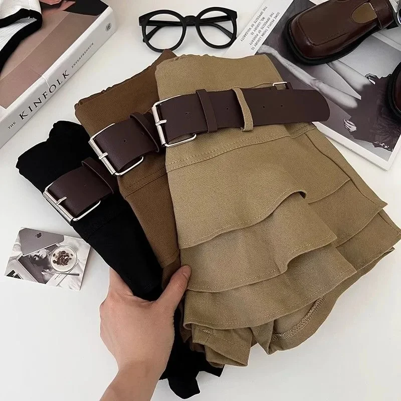 Women Tiered Ruffle Skirt with Belt Low Rise Denim Skirt Teengirl Miniskirt e-girl Y2K Aesthetic 90s Outfit