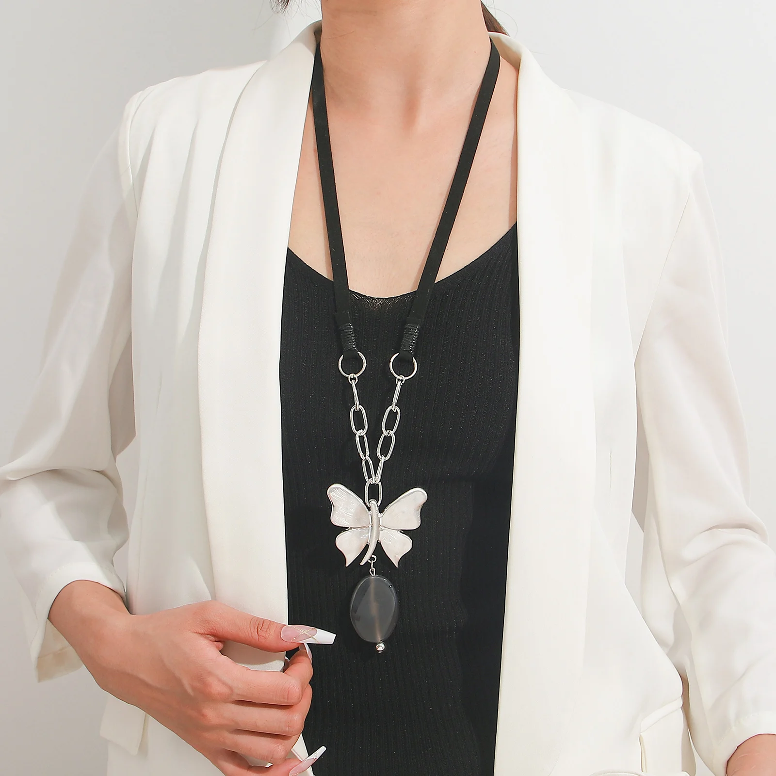 ALLYES Vintage Big Butterfly Pendant Necklace Charm Boho Natural Stone Long Rope Chain Brown Leather Necklaces Women Jewelry