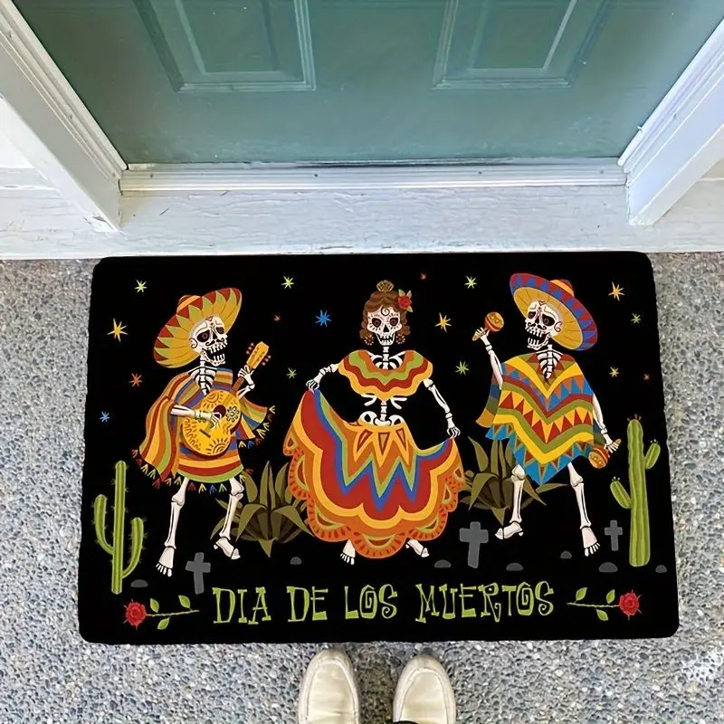 VIKAMA 2026 New Mexican Dia De Los Muertos Doormat Dancing Skeleton Cactus Floral Non-Slip Washable Floor Mat Holiday Home Decor