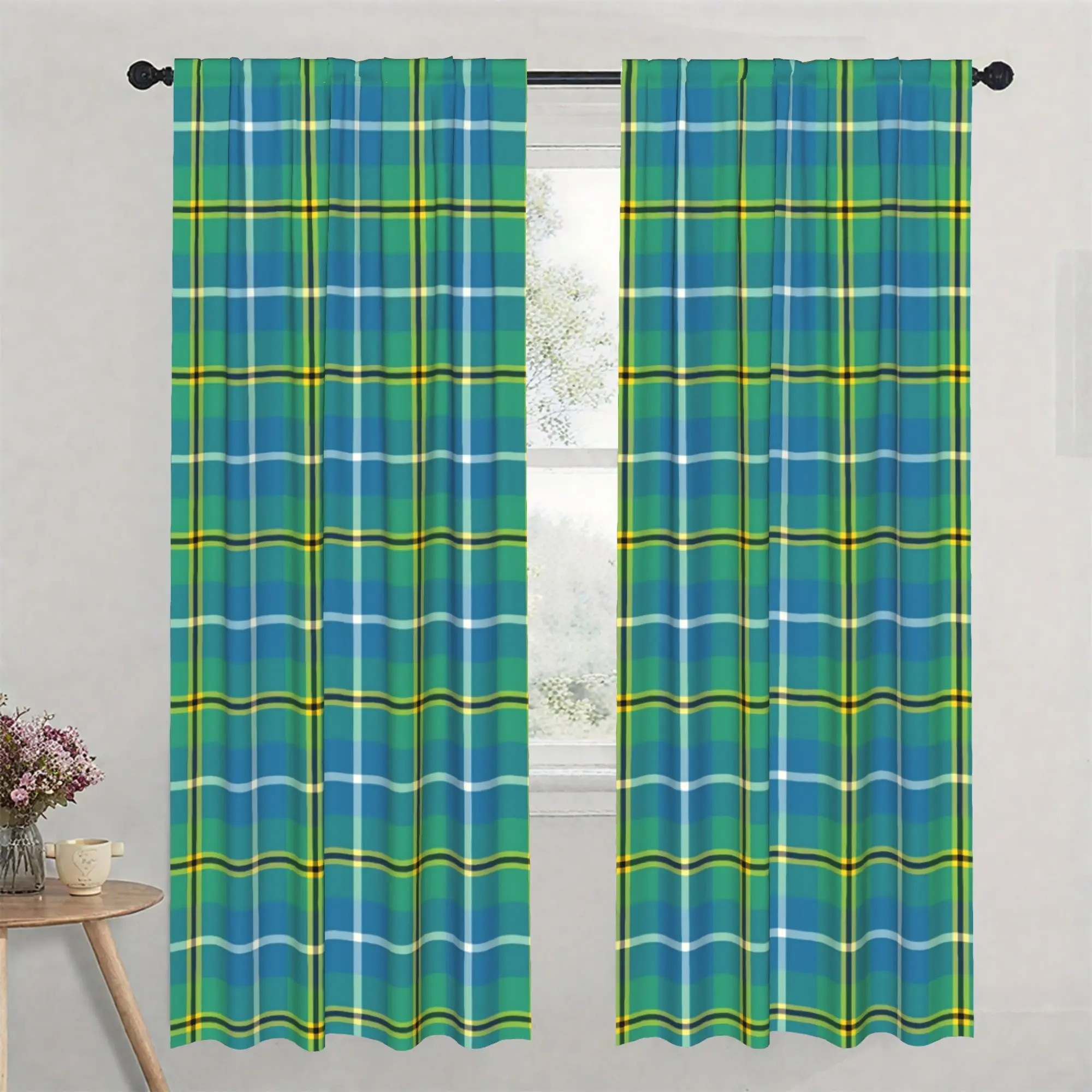 2pcs Plaid Pattern Curtain Pair Blue Green Yellow Window Drapes Modern Striped Curtains Set for Home Decoration