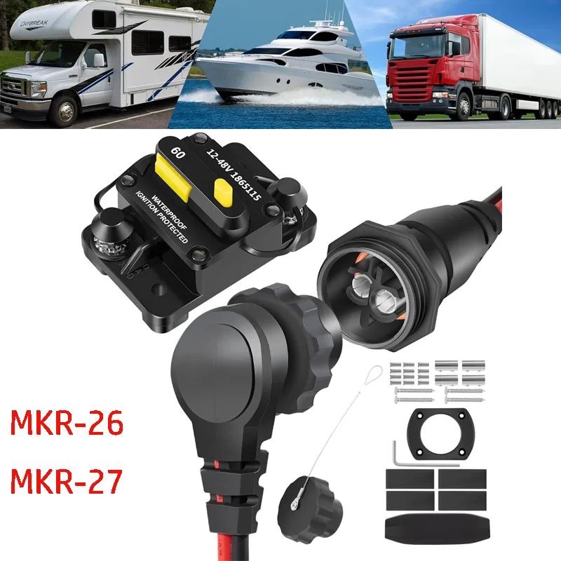 

1865128 MKR-26 Trolling Motor Plug and Receptacle with 1865115 MKR-27 Circuit Breaker 60 AMP for Minn Kota 12V/24V/ 36V/48V