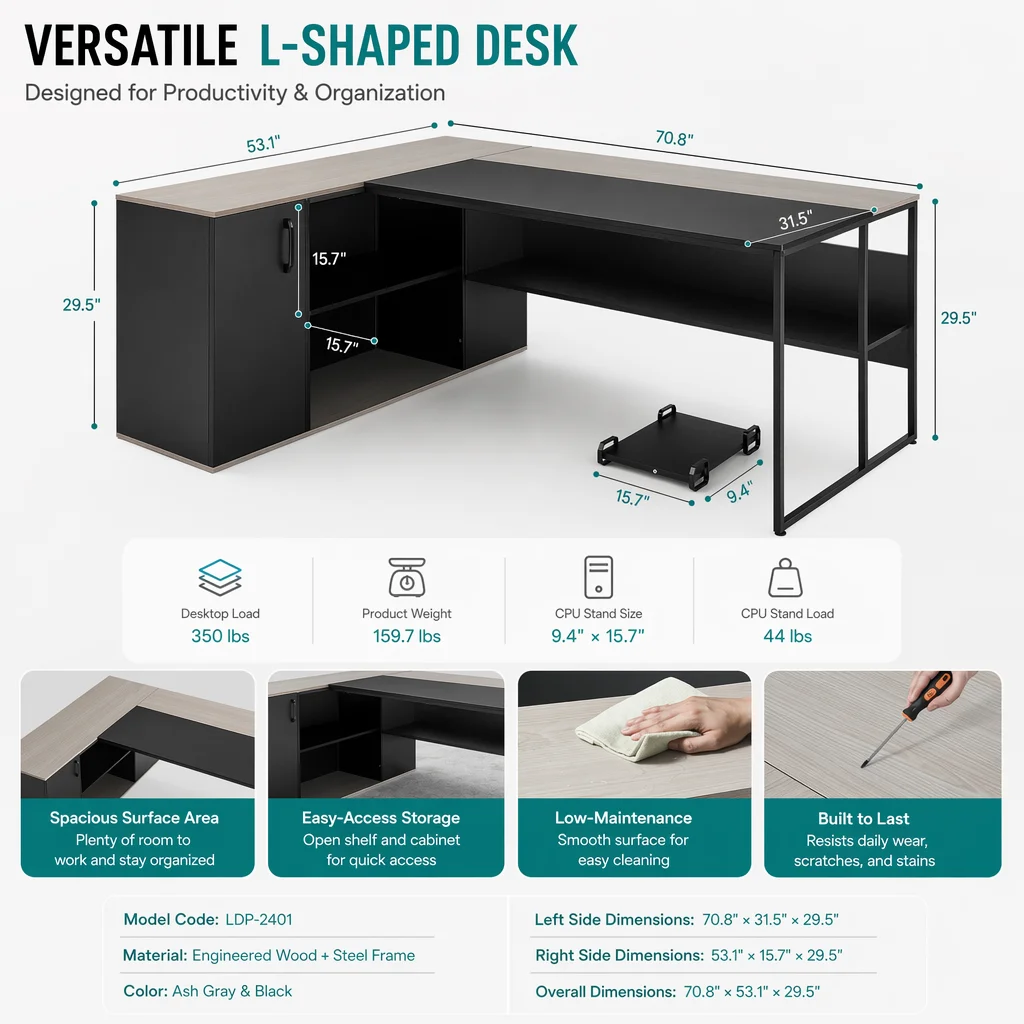 L-Shaped Executive Desk, Large Modern Office Table with Drawers & Storage Cabinet, Heavy Duty Wooden Executive Table with CPU Stand, 350 LBS Load Capacity, Easy Assembly, for Work Study Writing