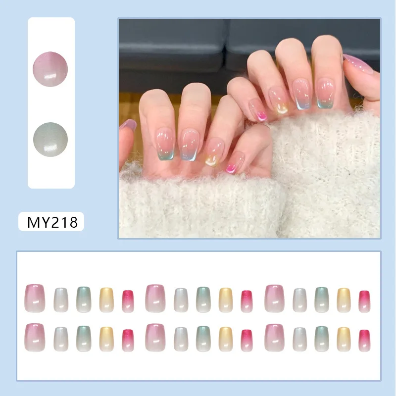 24 Pcs Medium Short Press on Nails Rainbow Pink Cat Eye False Nails for Women Cute Summer Holiday Nail Art Prosthetic Nail Set