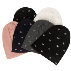 Geebro-gorro Multicolor acanalado con perlas y estrellas para mujer, gorros informales de punto suave, diseño liso con lazo y corazón, holgado