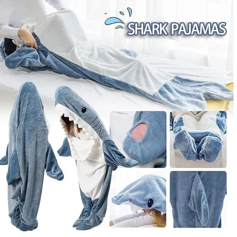 TRAF Cartoon Shark Flannel Blanket Sleeping Bag Pajamas Wearable Blanket Kids Adults High Quality Fabric Mermaid Shawl Blanket