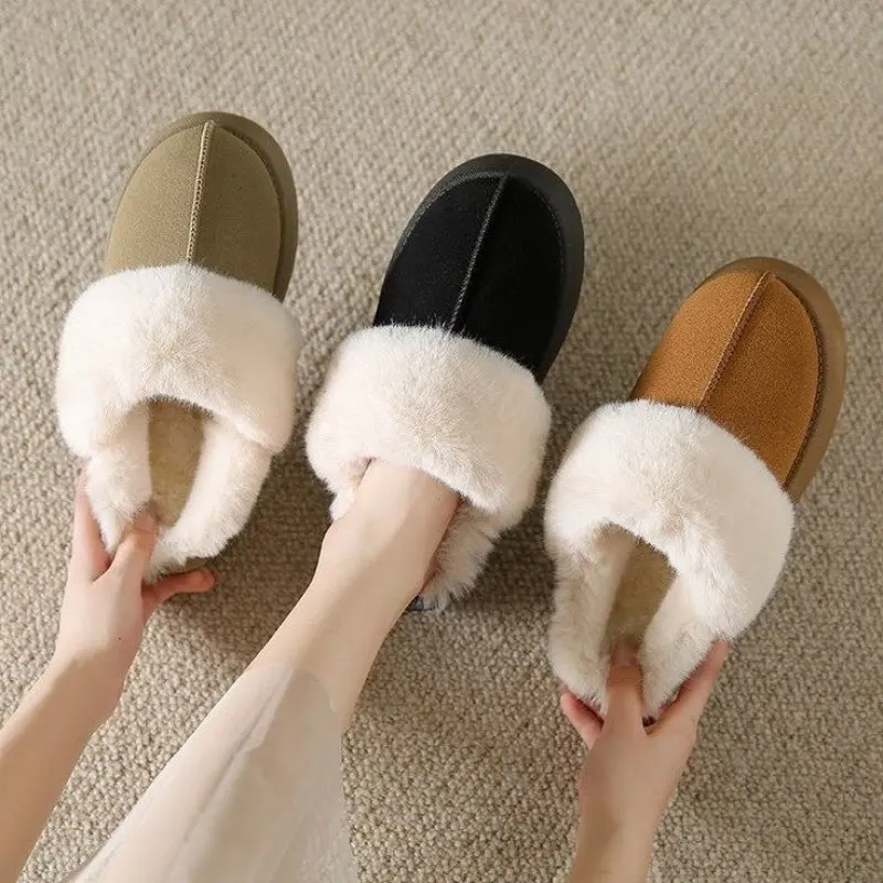 

Winter Brand Plush Cotton Slippers Women Flats Shoes Fashion Platform Casual Home Suede Fur Warm Casual Slingback Plus Size 41