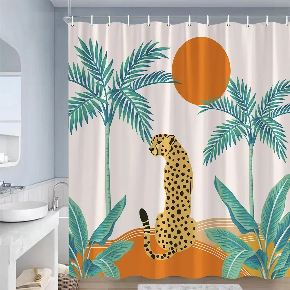 

Занавески для душа середины века, тропические растения, леопард, солнце, пальмы, современное искусство, полиэфирная ткань, декор для занавески для ванной комнаты с крючками