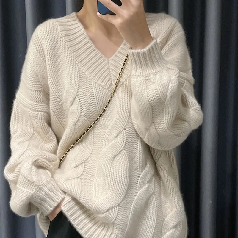 

Korean Fashion Knitwears Loose Lazy Style V-neck Wool Solid Knitted Pullover Tops Winter Clothes Women Knit Woollen Sweater