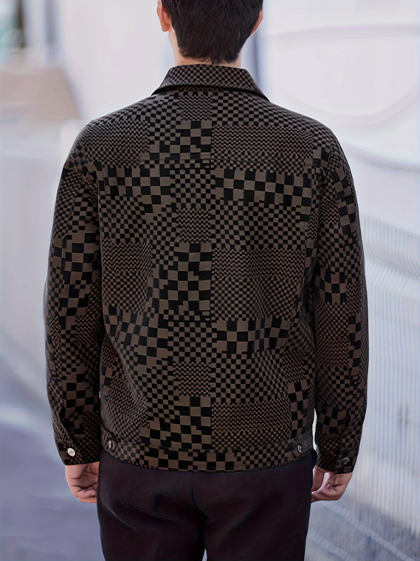 Men's Casual Checkerboard Jacket with Lapel Collar, Long Sleeves, and Front Pockets - Warm Fleece-Lined Outerwear for Fall & Winter