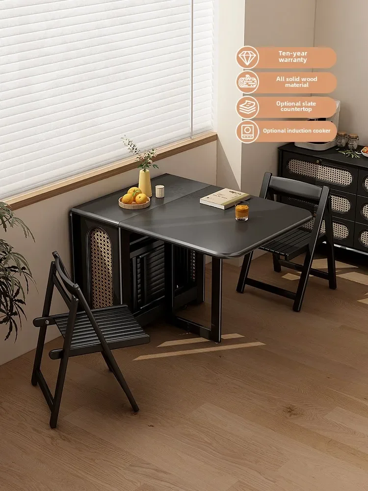 Rectangle solid wood folding table retractable small apartment household light luxury invisible induction cooker dining table