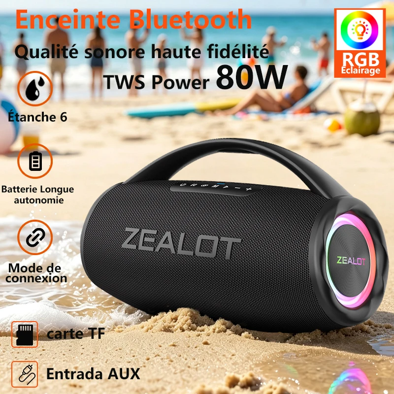 ZEALOT-S97 80W, Bluetooth-Lautsprecher, leistungsstarker kabelloser Lautsprecher, mit tragbarem Griff, Autolautsprecher, wasserdichter Lautsprecher für den Strand