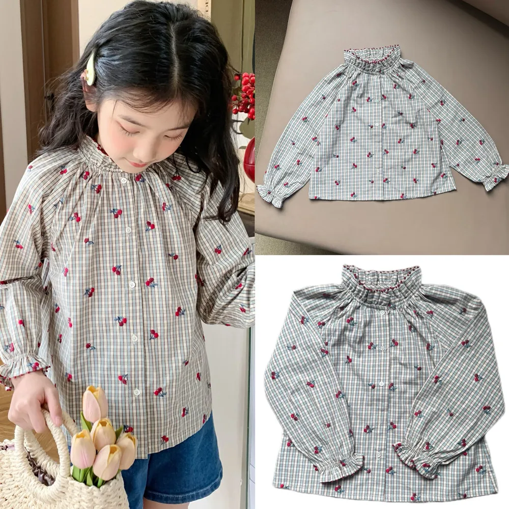 Autumn kids girl clothes baby blouse French court style Cherry full embroidery Hand embroidered checkered shirt top