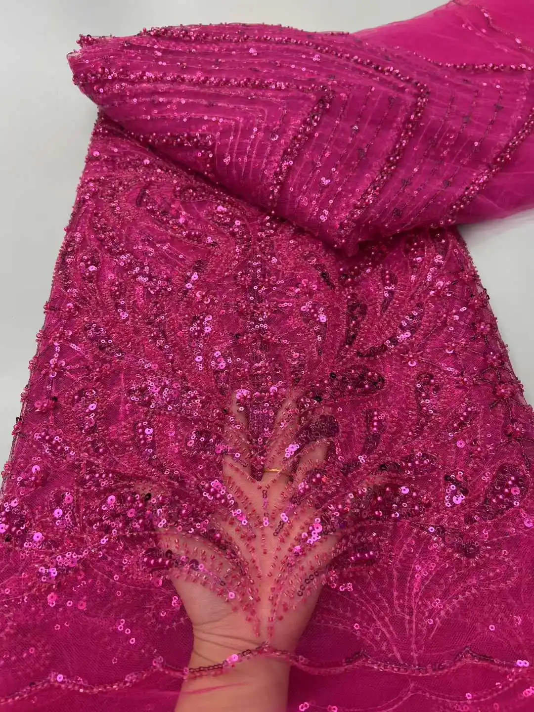 Fashion African Sequins Tulle Embroidered Groom Lace Fabric Beaded High Quality for Nigerian Wedding Dress