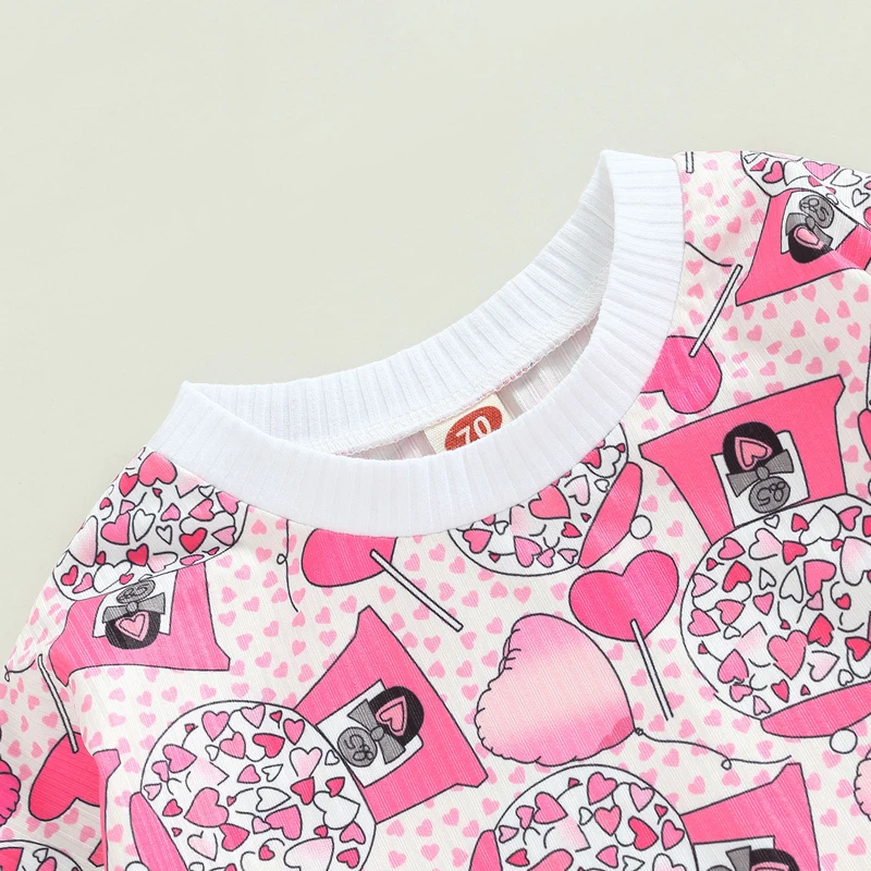 Romper bayi perempuan, baju pakaian kasual balita, perayaan Hari Valentine, lengan lipit dengan motif hati dan lengan lipit