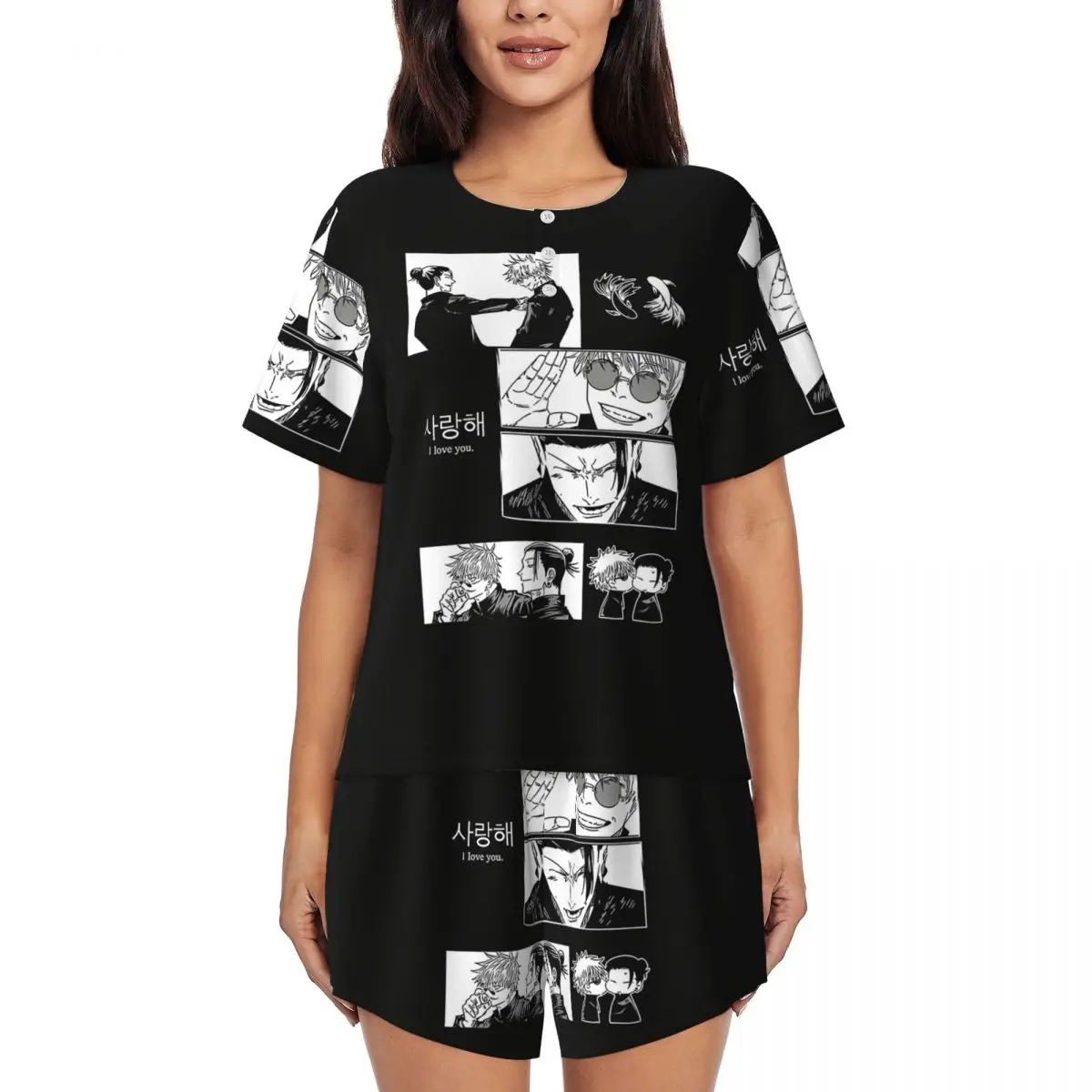 

JJK Anime Gojo Satoru Jujutsu Kaisen Round Neck Short Sleeves Nightdress for Sleeping Women Loose Pajama Set Short Pants