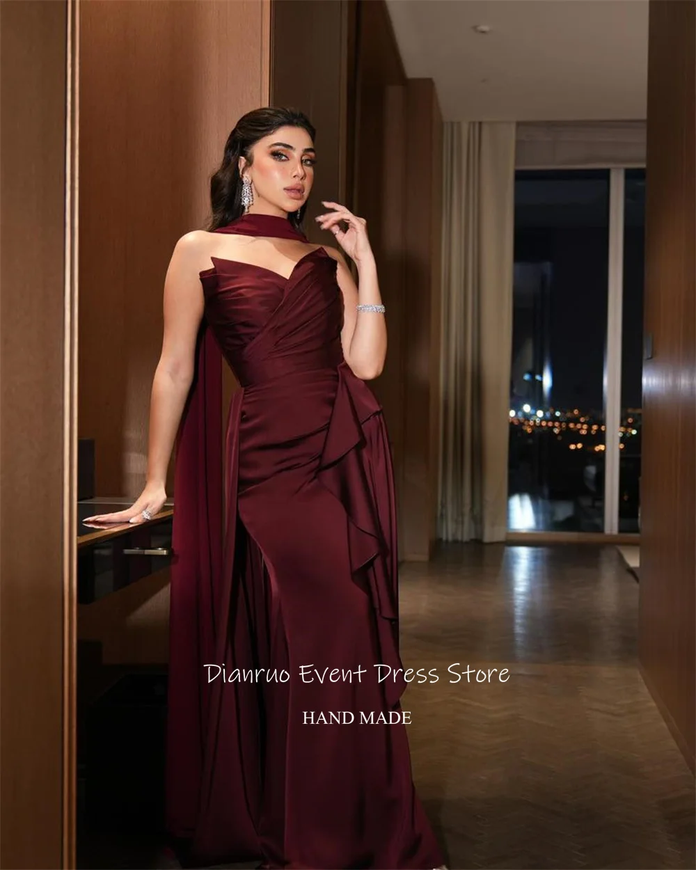 Dianruo-vestidos De noche De satén con forma De corazón, color Burdeos, cintas De sirena, bata De fiesta para mujer, vestido De graduación saudí fruncido con volantes personalizado