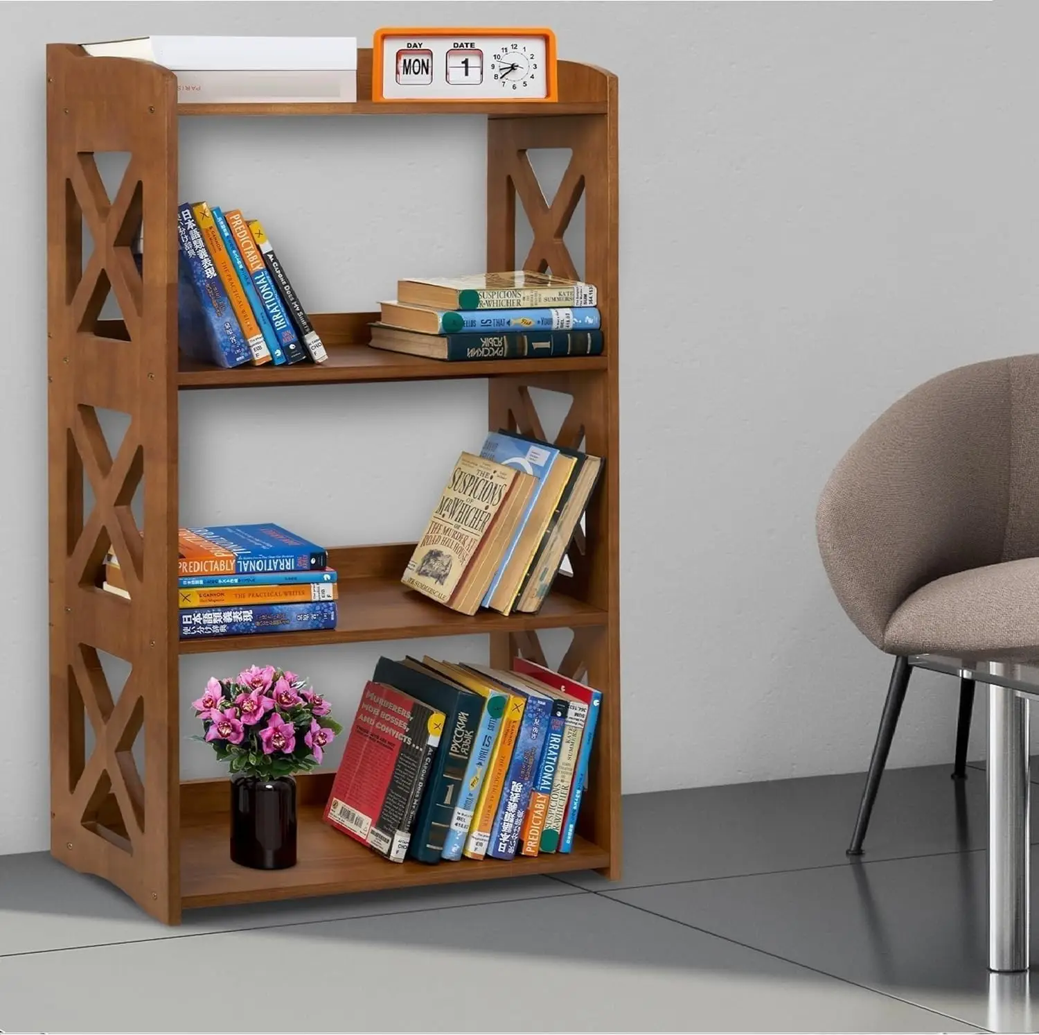 4 Tier Bookshelf, Wood with Open Shelves, Narrow Freestanding Storage Organizer, 4 Shelf Bookcase Small Display Brown