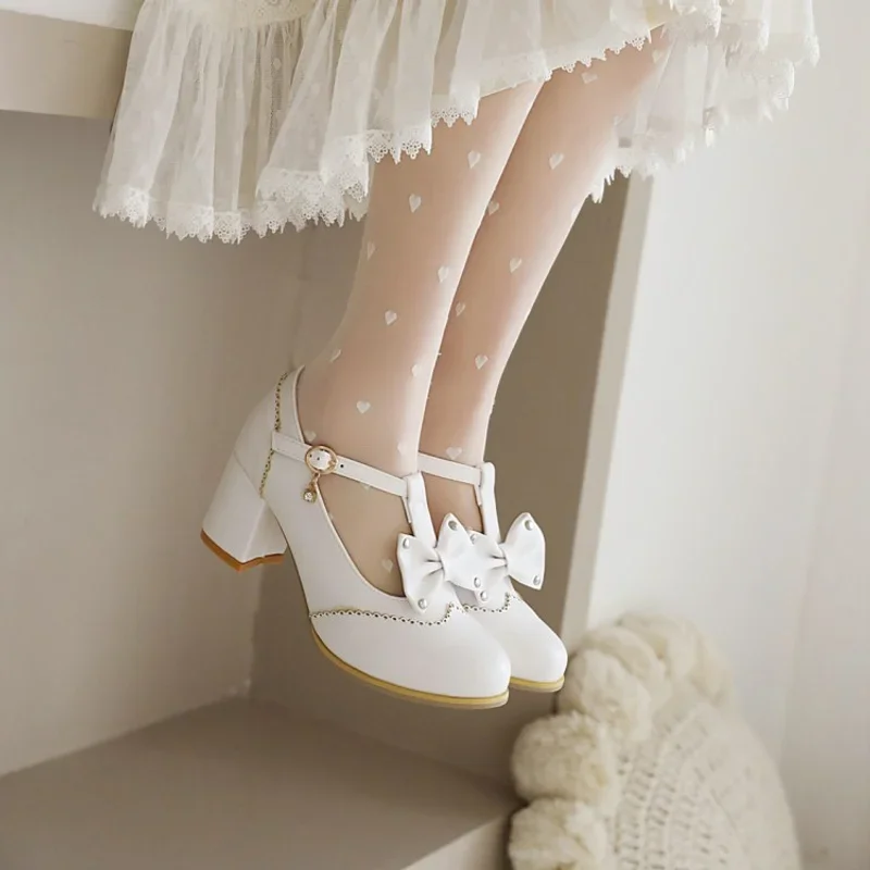 Sweet Lolita Mary Jane Pumps Large Size Bow Rivet T-strap Block Heel Vintage Dark Student Cosplay Women Shoes