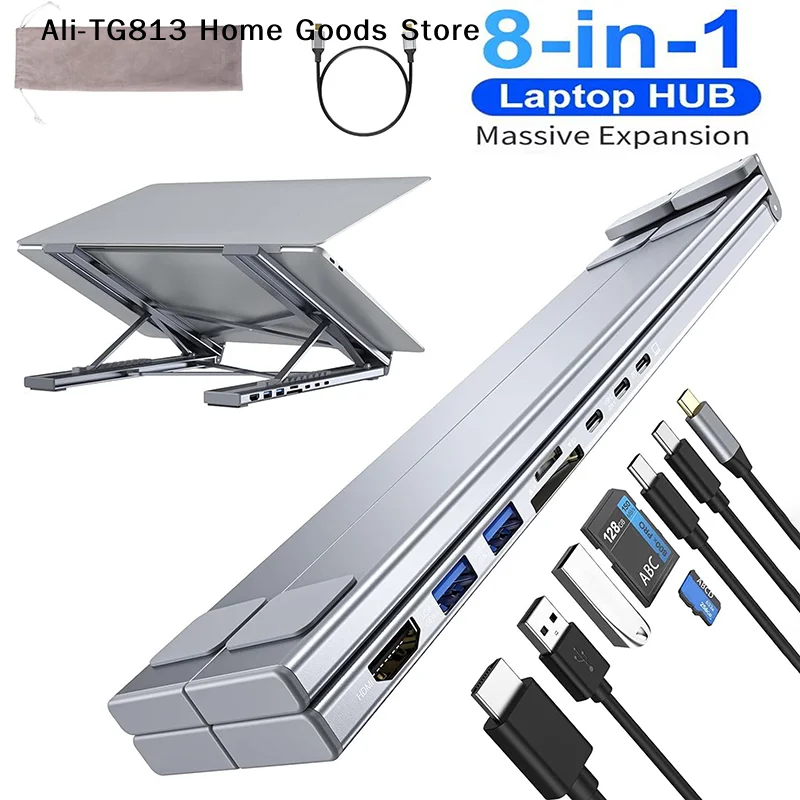 

[TG813]8-in-1 USB-C Laptop Stand With Docking Station Universal USB C Dock Tablet Stand Foldable Type-C Hubs Adapter Plug Play