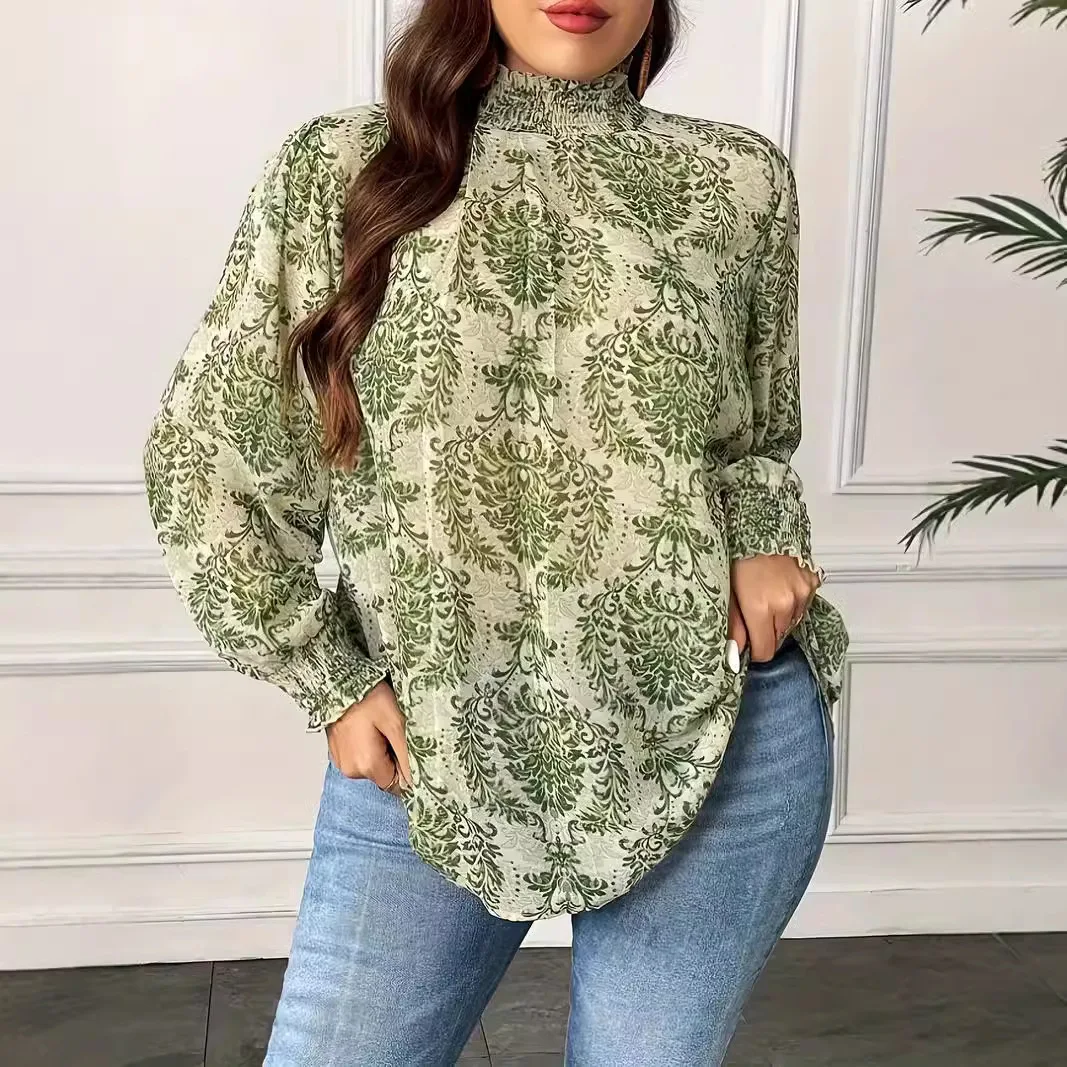 Plus Size Long Sleeve Retro Floral Shirt Loose Green Women Oversized Shirts for Women Autumn Spring Winter