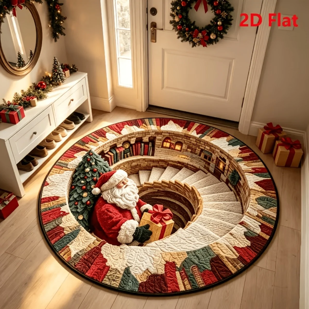 Visual Illusion Circular Rug, Winter Snowy Town Xmas Print Non Slip Washable Floor Mat, Holiday Decor for Lounge Sitting Area