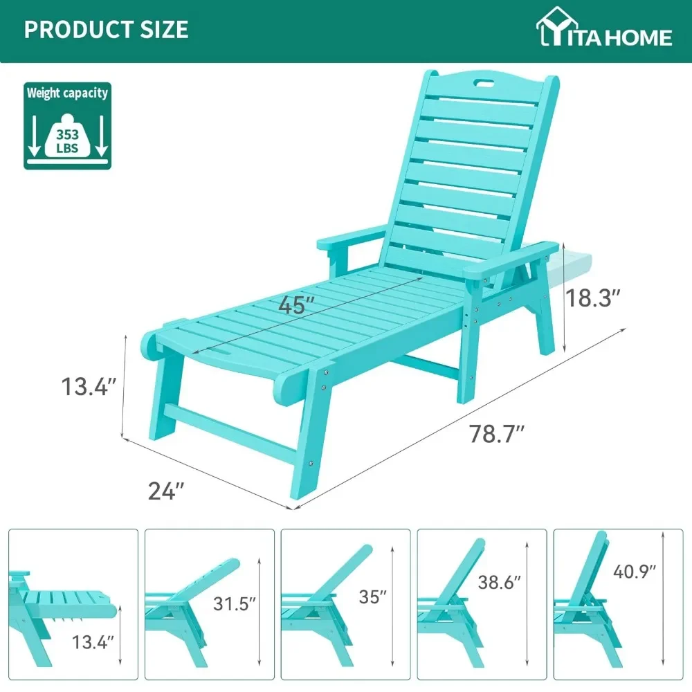 Outdoor Chaise Lounge Chair with Adjustable Backrest, Heavy Duty Resin Patio Lounger with Wide Armrest and 350lbs Capacity