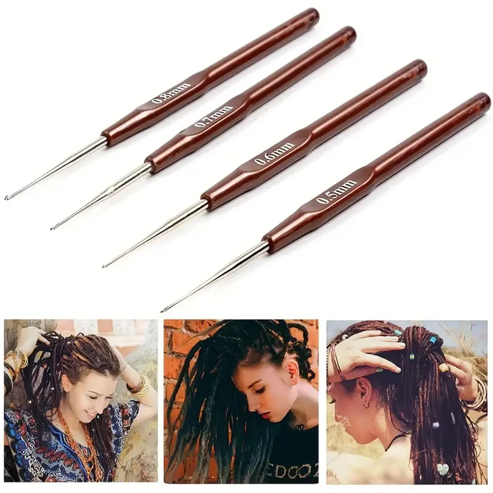 Lote de 4 peças, agulha de crochê para trança dreadlock, micro gancho, ferramentas de cabelo, cabo liso, 0,5 mm, 0,6 mm, 0,7 mm, 0,8 mm