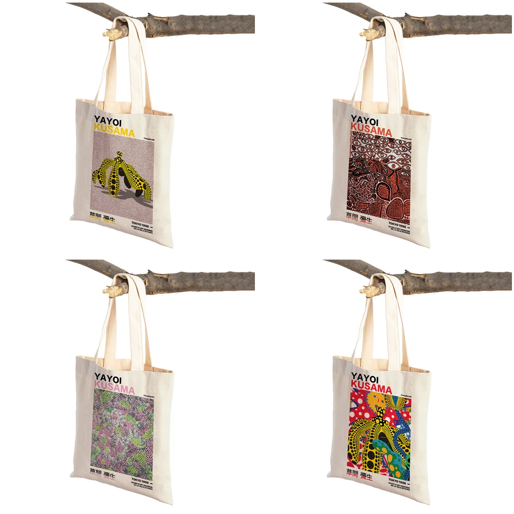 Japanese Yayoi Kusama Colorful Polka Dots Digital Supermarket Shopper Bag Tote Handbag Cartoon Lady Reusable Shopping Bags