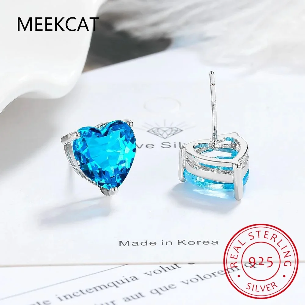 1.8ct Genuine Blue Topaz 925 Sterling Silver Heart Stud Earrings for Women Gemstone Fine Jewelry Wedding Gift