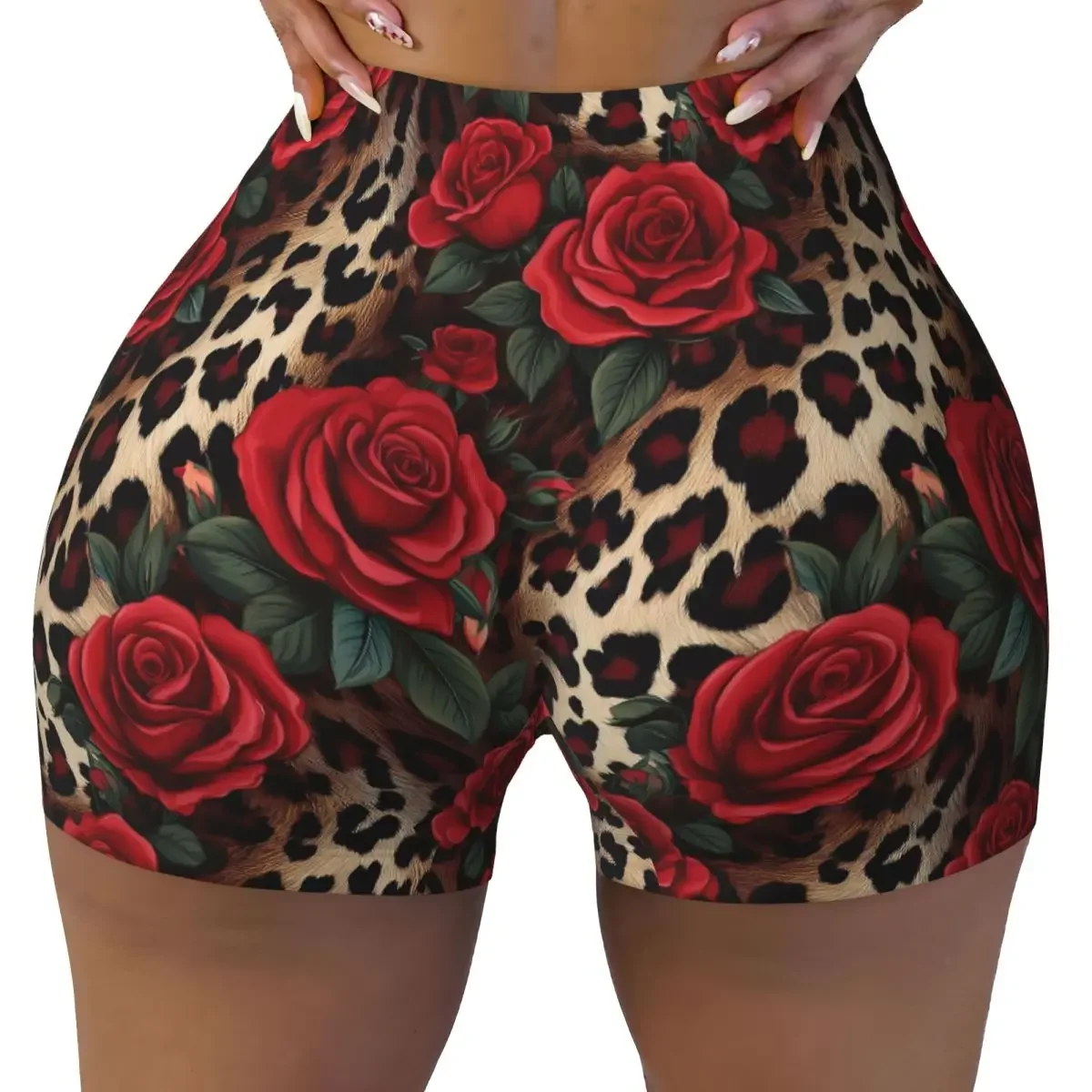 Custom Rose Red Leopard Pattern Women Gym Workout Running Shorts Athletic Volleyball Biker Yoga Shorts