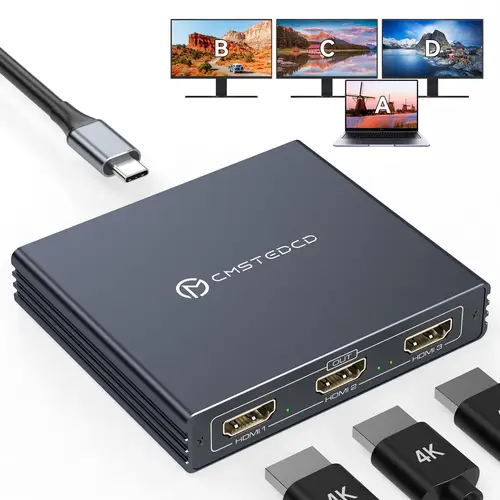 Adaptador USB-C a 3 HDMI 4K @ 60Hz, divisor HDMI de 1 entrada y 3 salidas compatible con modo extendido en Windows para Thunderbolt 3, con 100W PD