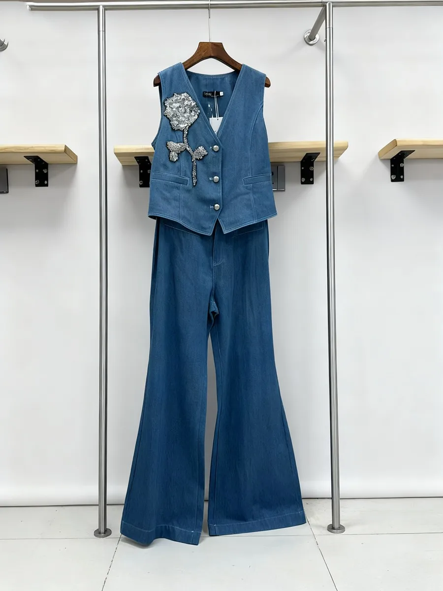 TWOTWINSTYLE Abnehmen Cowboy Zwei Stück Sets für Frauen V-ausschnitt Ärmellose Verstärktes Perle Top Hohe Taille Hose Mode Set Weibliche Neue