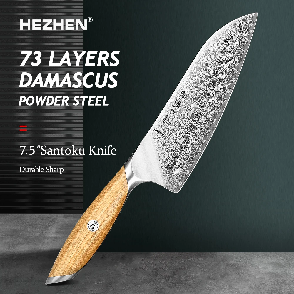 

HEZHEN Flagship Series 7Inch Santoku Knife 73 Layers Powder Steel Core Damascus Steel Olive Wood Handle Kitchen Knife