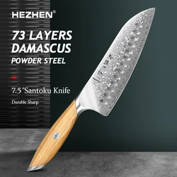 HEZHEN Flagship Series 7Inch Santoku Knife 73 Layers Powder Steel Core Damascus Steel Olive Wood Handle Kitchen Knife