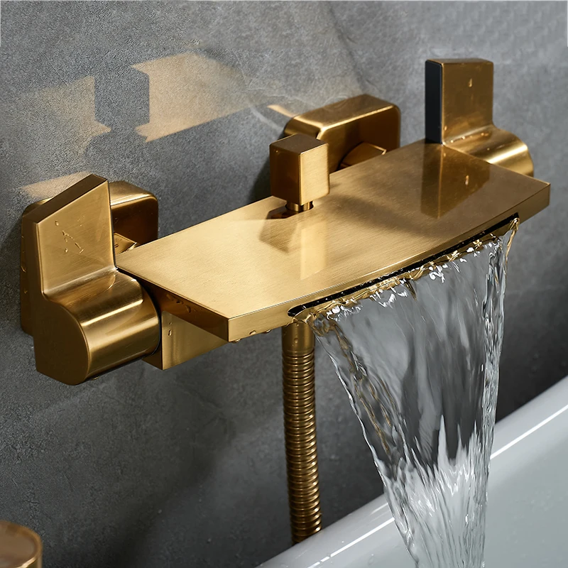 Brushed Gold Bath And Shower Faucet Set Wall Mounted Bathtub Faucet Gun Grey Brass Bathroom Waterfall Shower Mixer Bathroom Taps