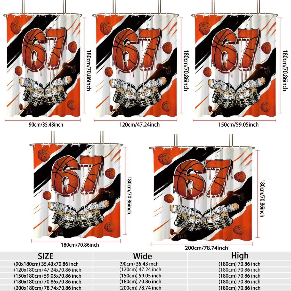 Sporty Basketball Shower Curtain Gym Fitness Decor Number 67 Strength Art Waterproof Bathroom Curtain for Men Athletic Sports Fa
